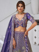 Tremendous Purple Resham Work Organza Reception Wear Lehenga With Blouse