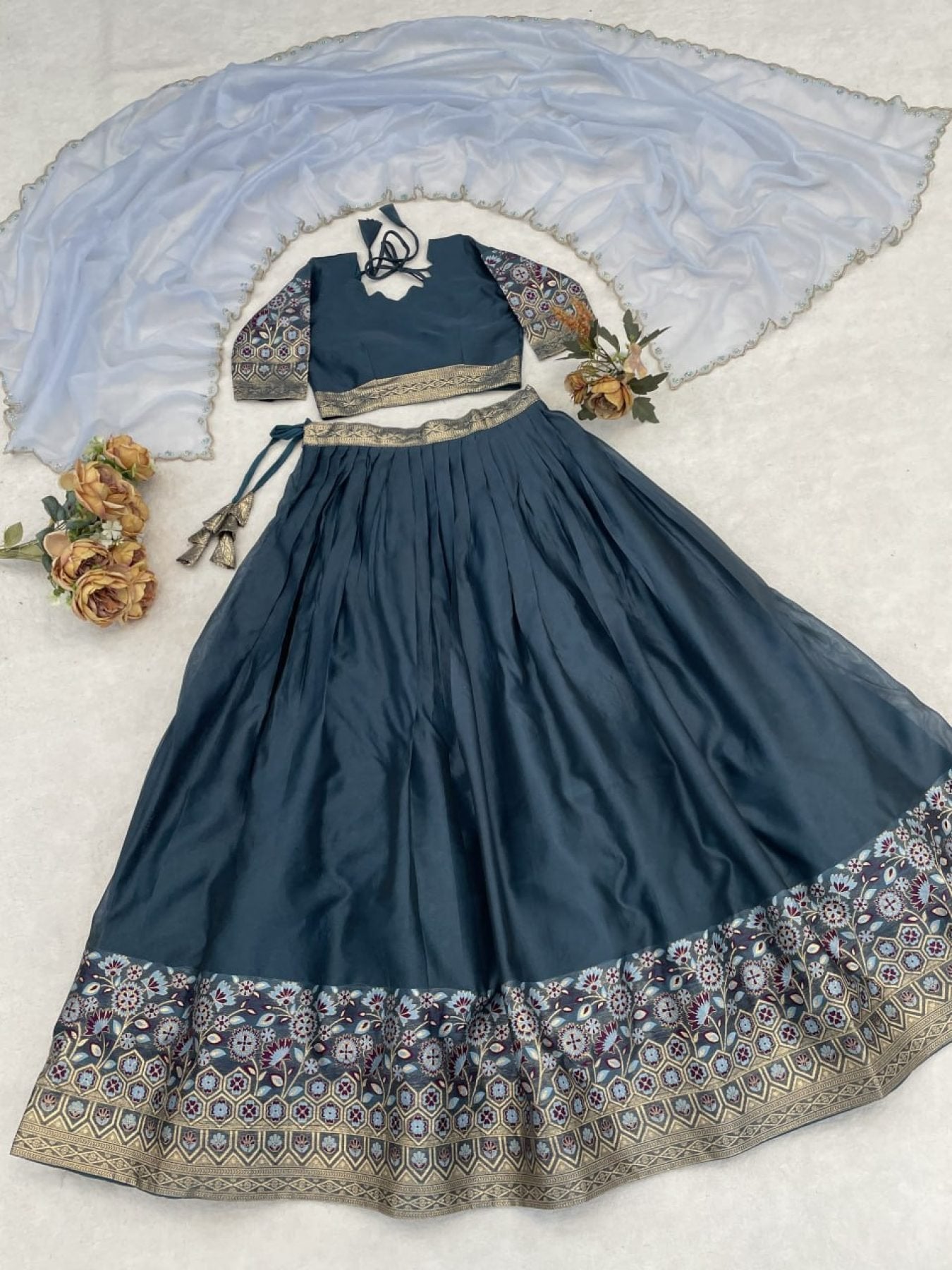 Silk Lehenga with Weaving Border and Zari Work for Bridal Functions