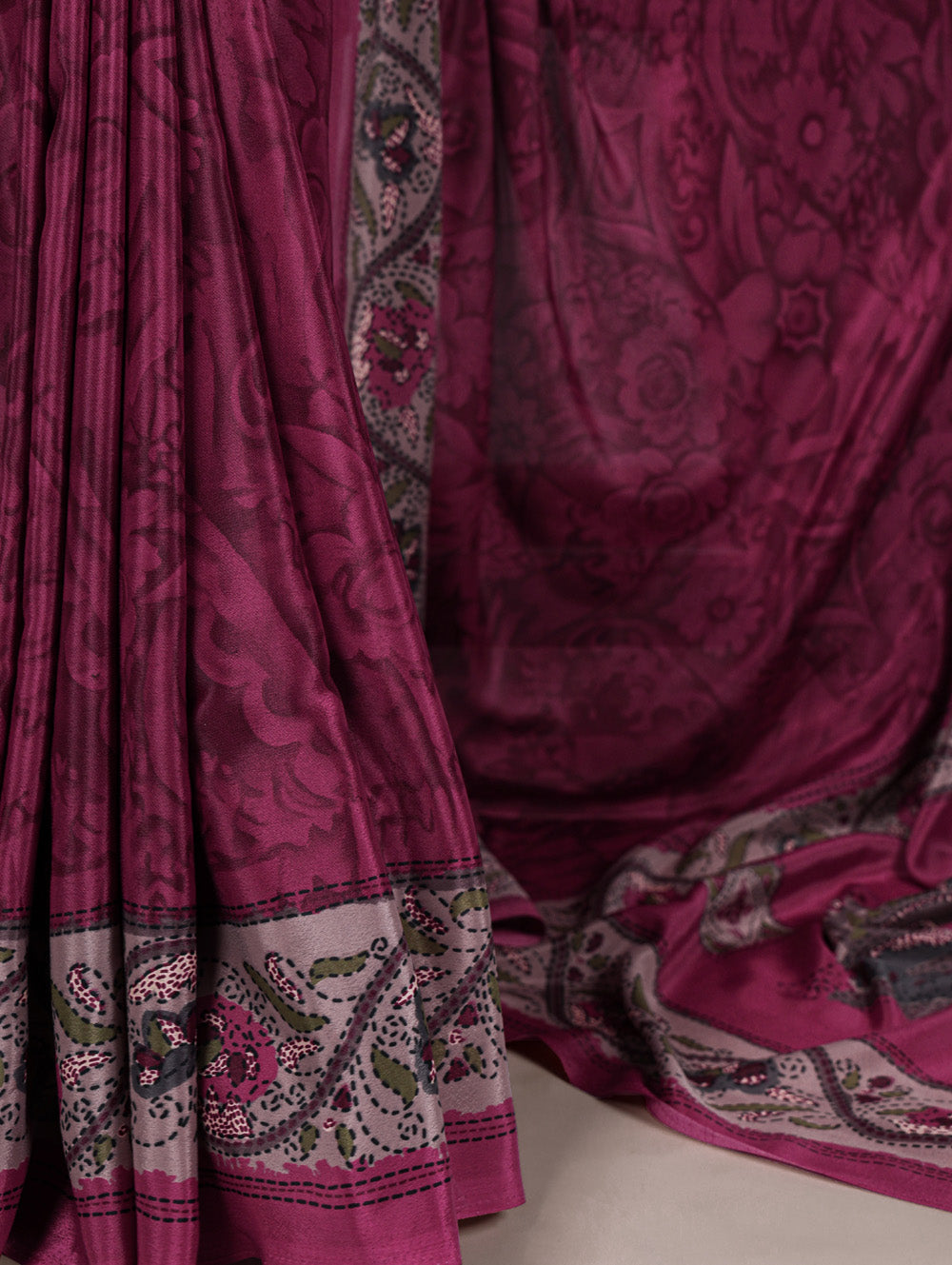 Magenta pink crepe saree with all over print matching blouse