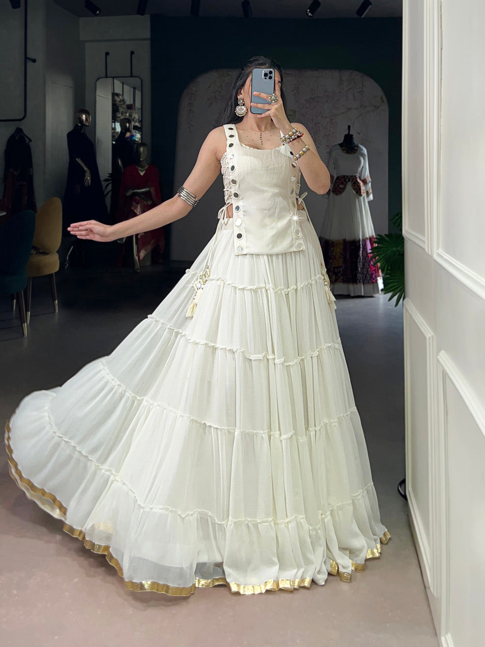 White color embossed design lace border marbel chaniya choli