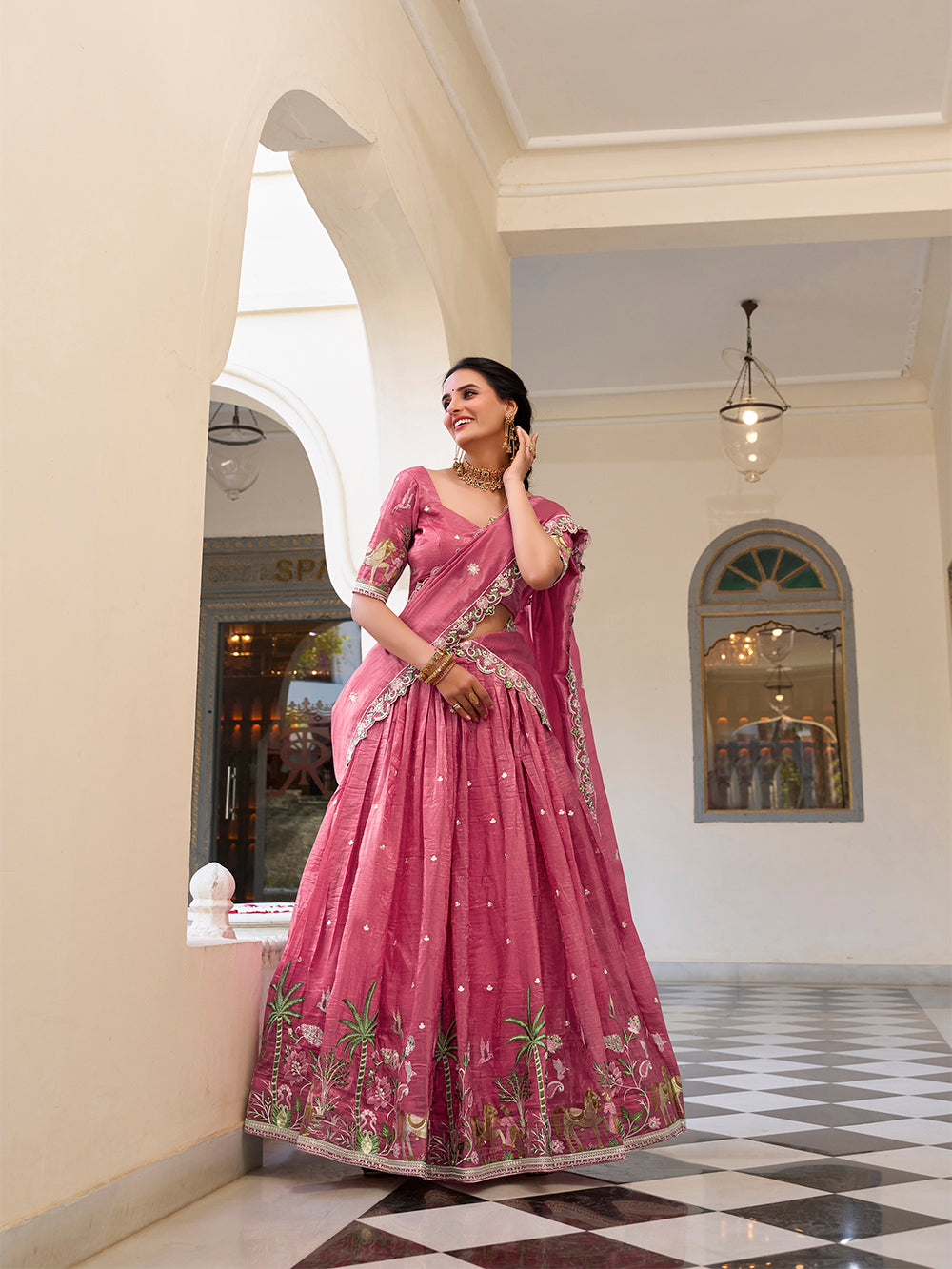 Rose pink gold crush lehenga choli with sequins embroidery scalloped lace dupatta