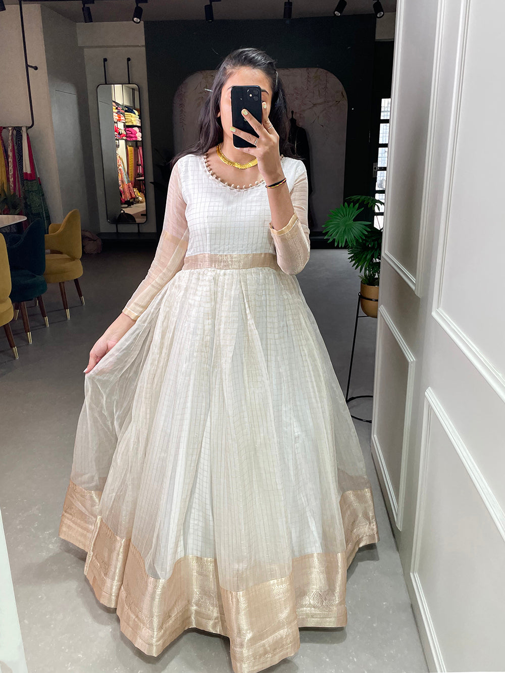 White Color Zari Weaving Work Organza Chex Gown