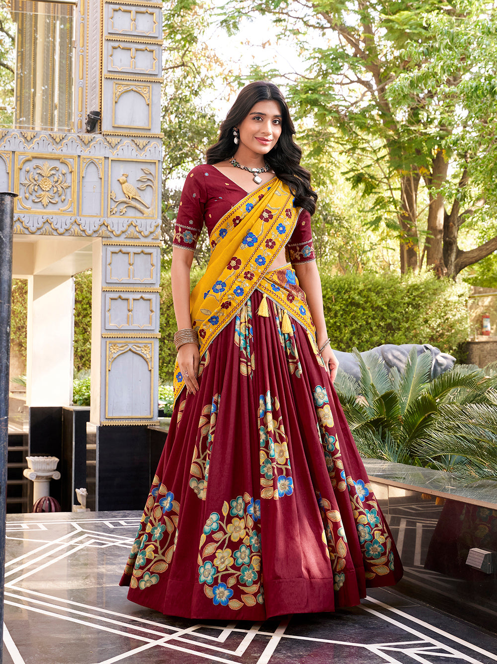 Maroon color printed and foil work tussar silk lehenga choli