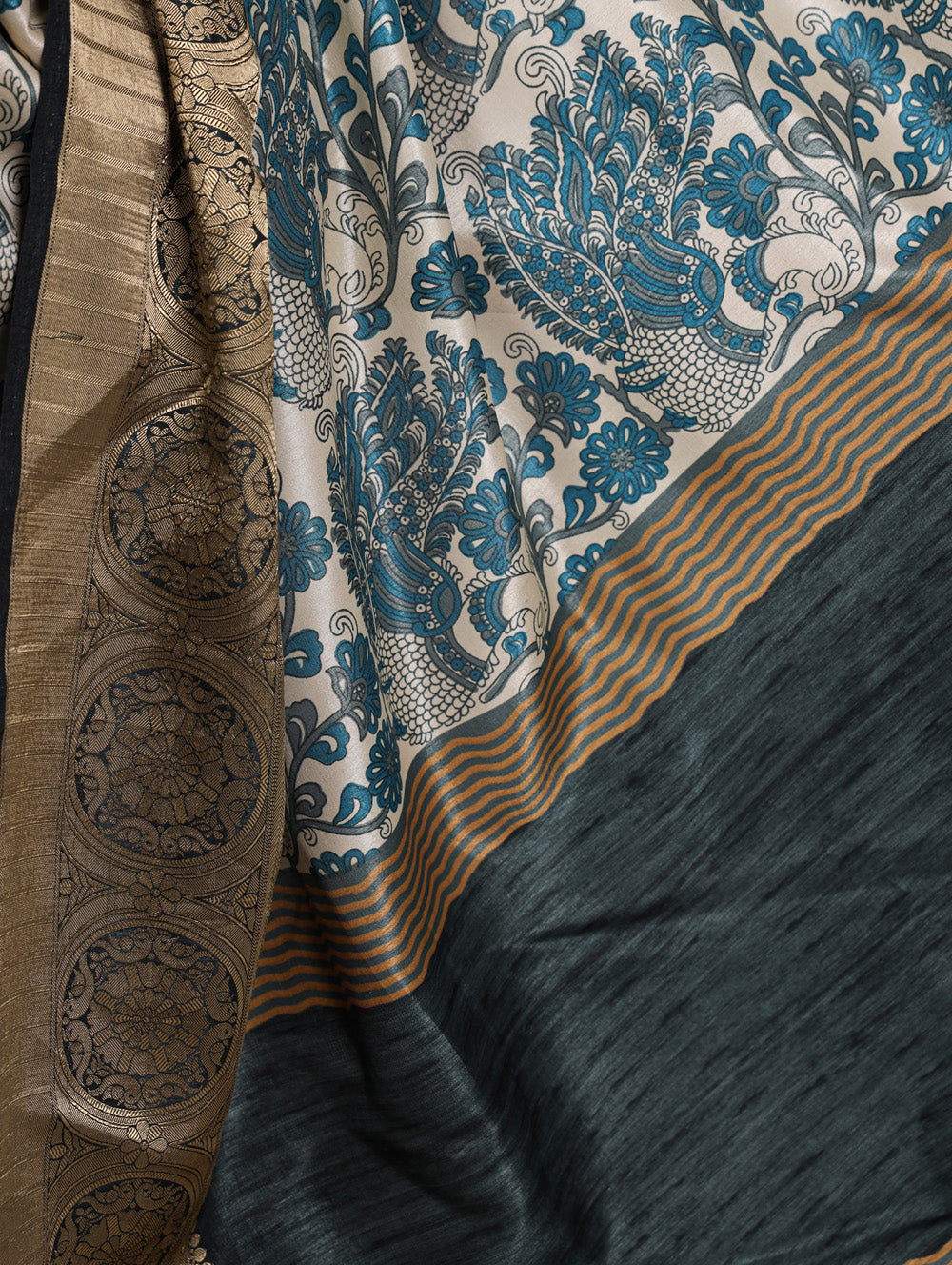 Sky blue color printed tasar silk saree with viscose border