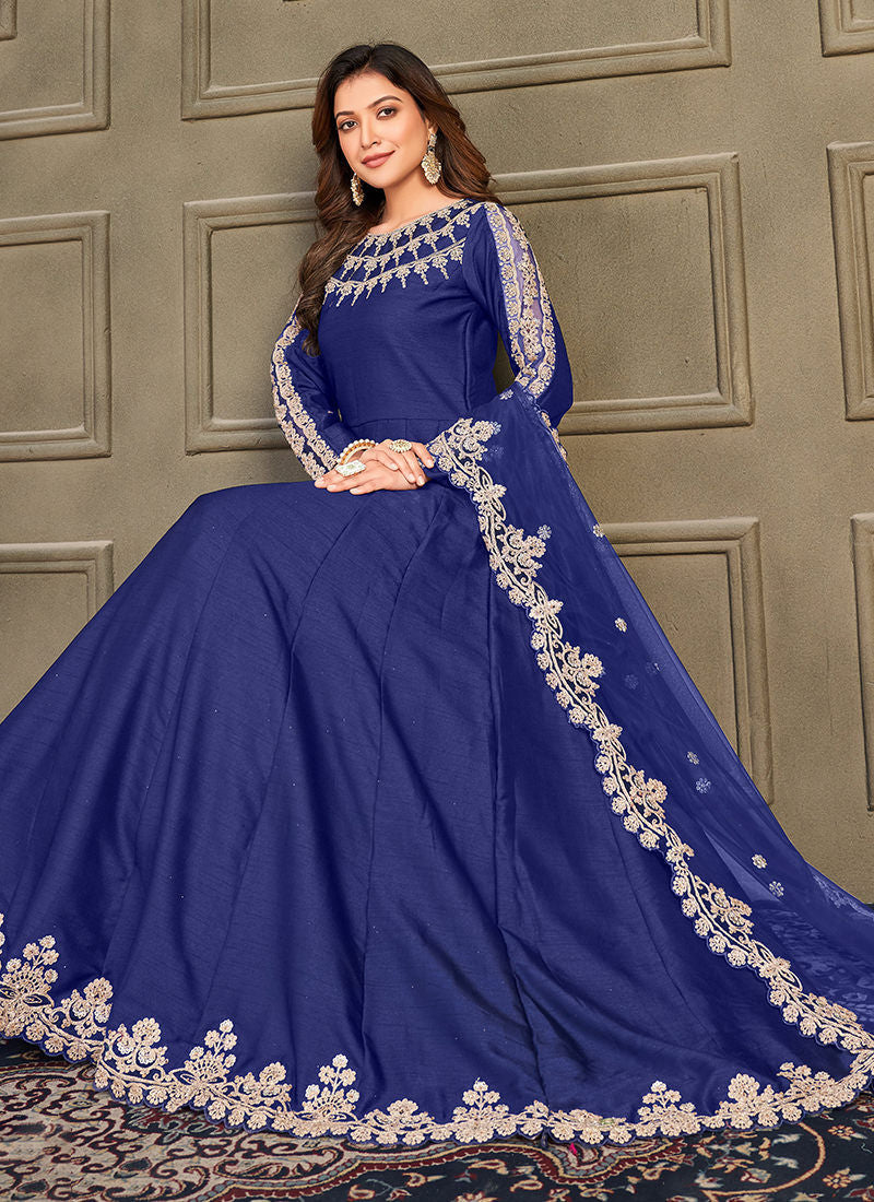 Trendy art silk zari embroidered anarkali suit for eid in blue