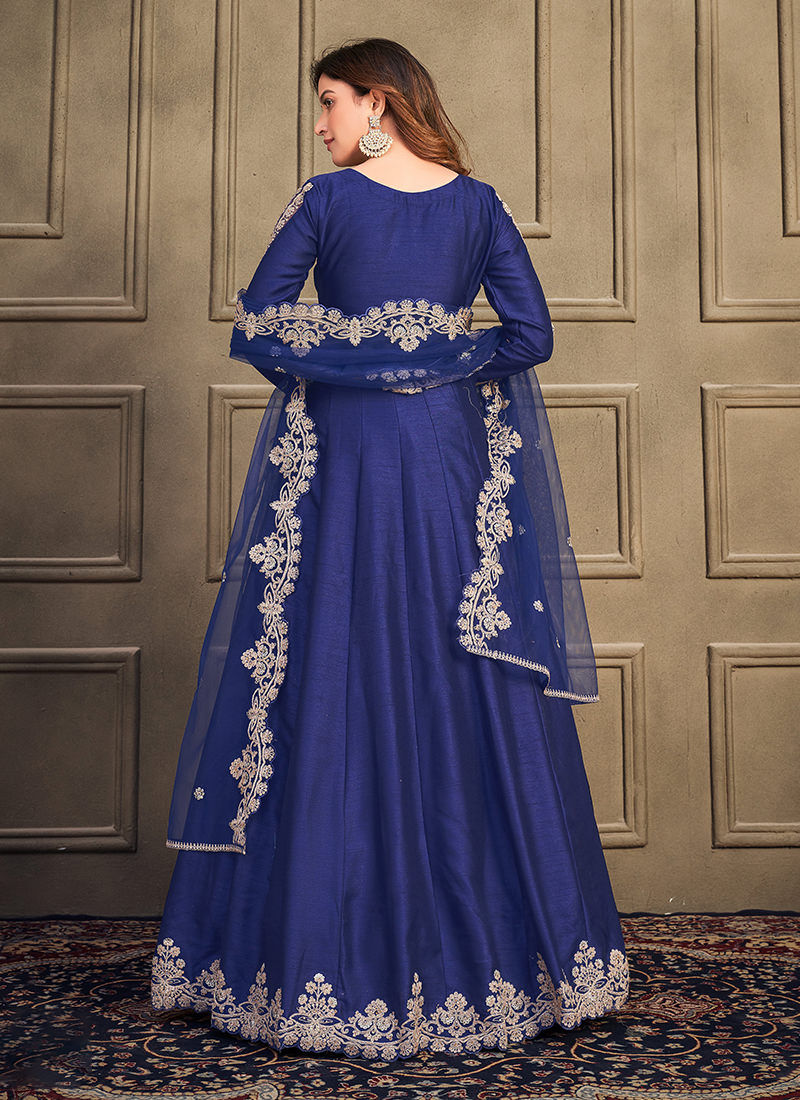 Trendy art silk zari embroidered anarkali suit for eid in blue