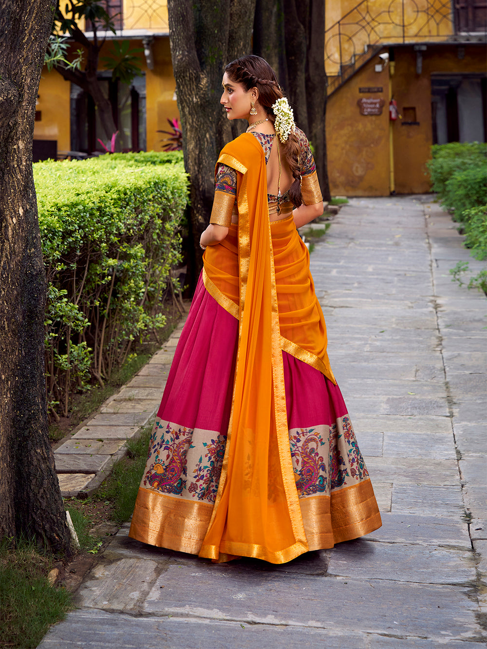 Pink astha silk printed zari weaving work lehenga choli with georgette dupatta