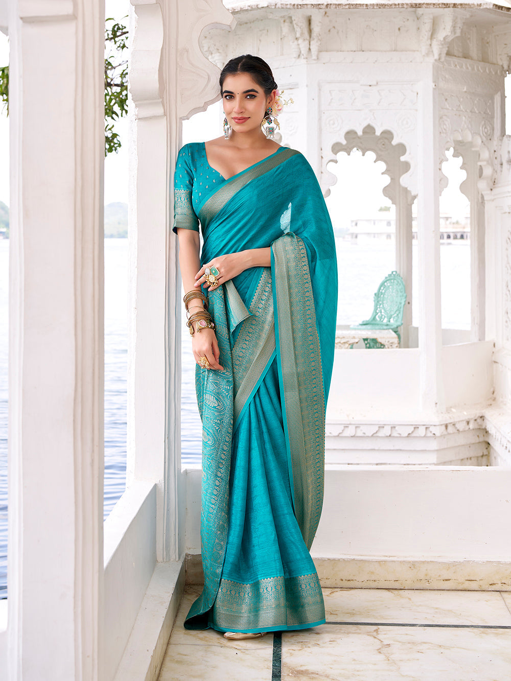 Firozi self printed chinon saree with zari weaving unstitched blouse