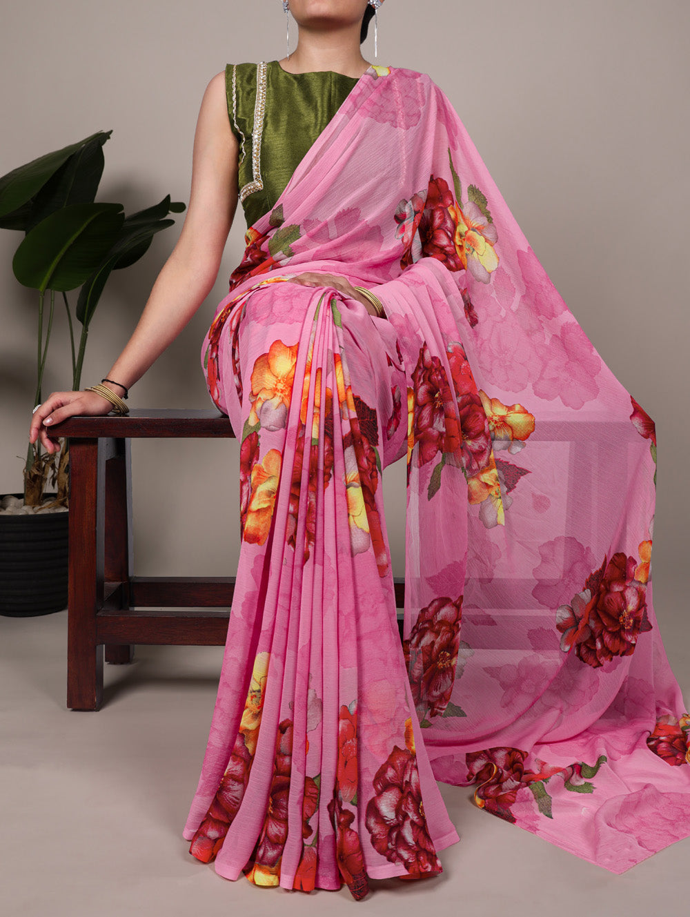 Pink floral print chiffon saree with mehndi banglory blouse lace detailing