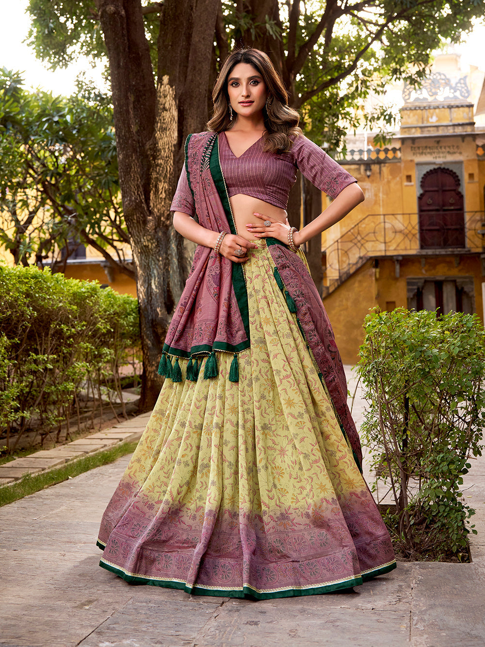 Mauve lehenga choli with printed blouse vichitra silk dupatta