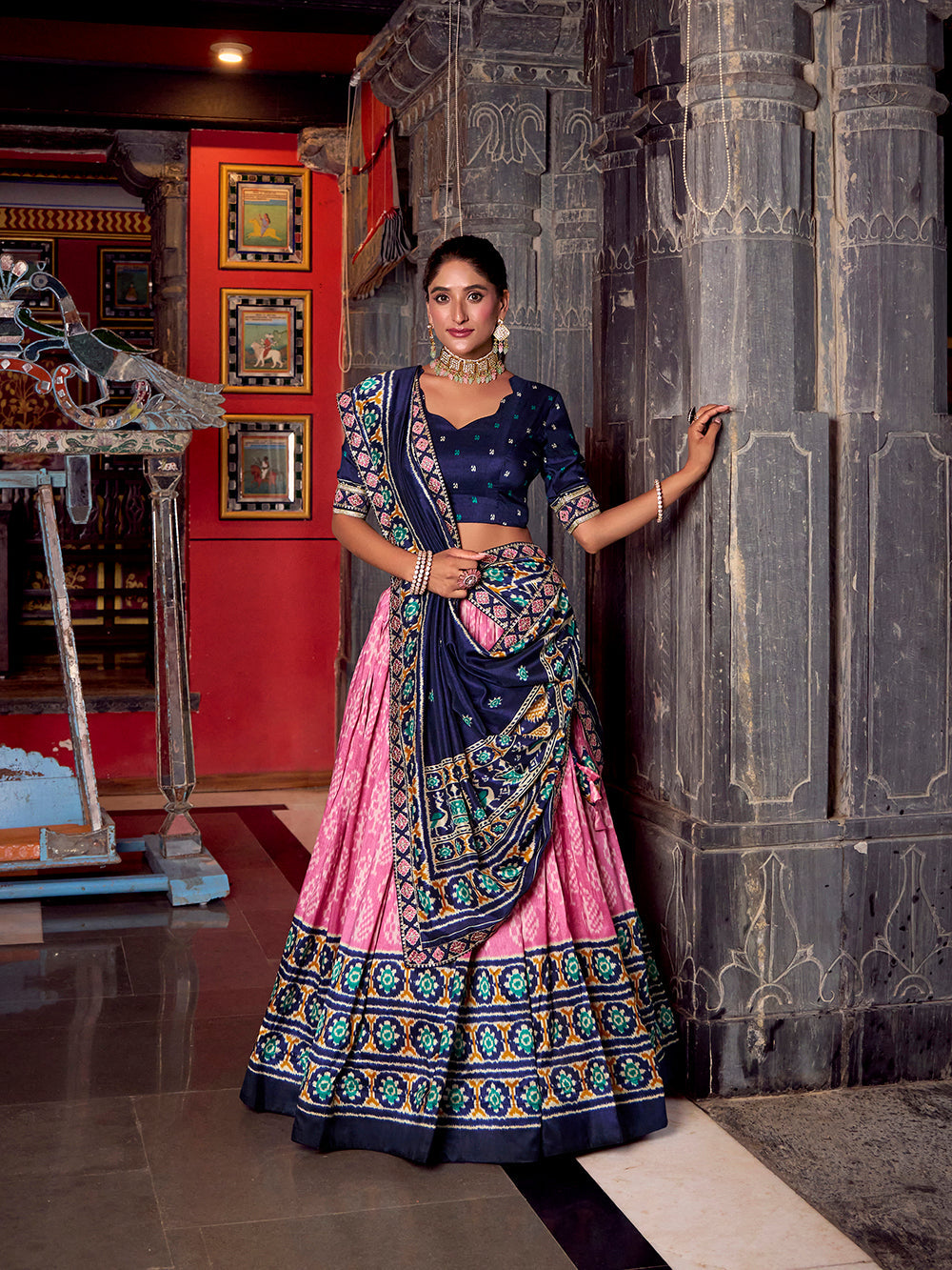 Light pink tasar silk ikat patola print lehenga choli with blue embroidered blouse dupatta