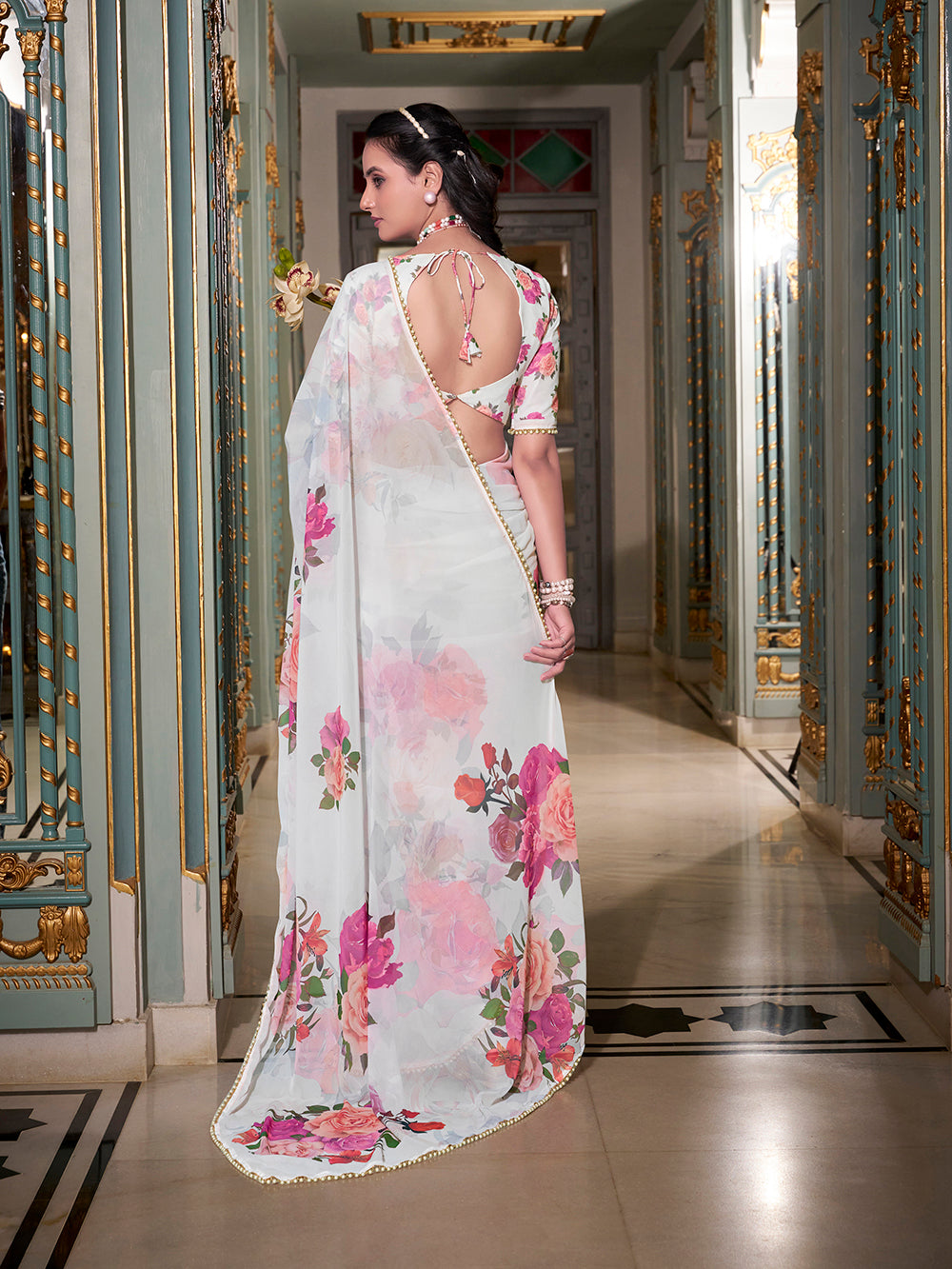 White georgette saree with printed design pearl lace border