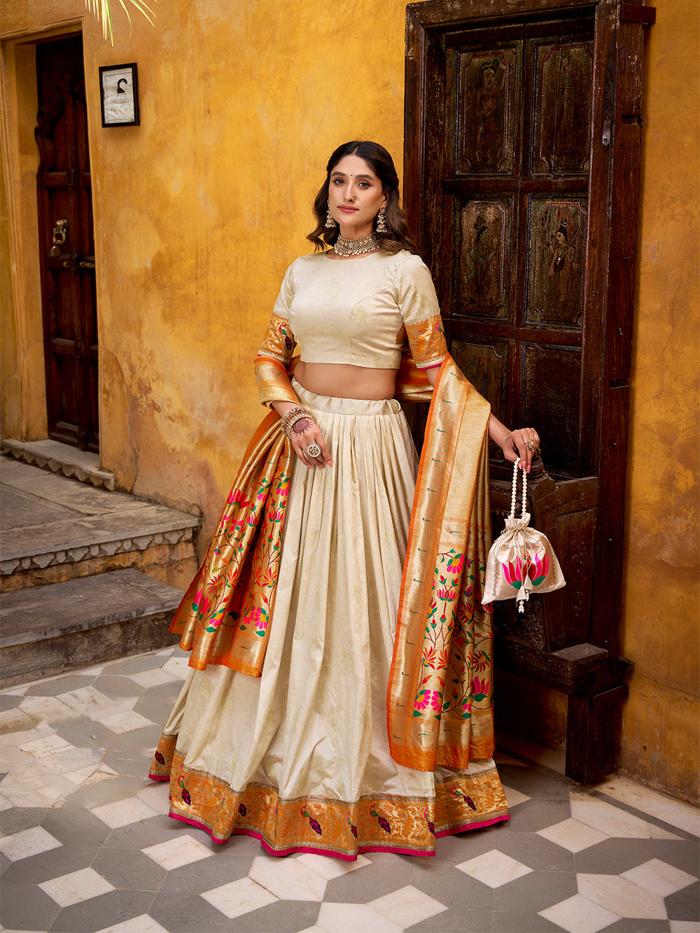 Off white paithani lehenga choli with zari weaving dupatta