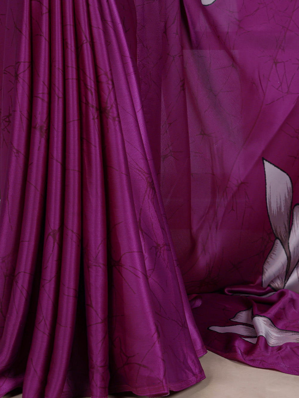Pink satin silk saree with floral print lavender blouse