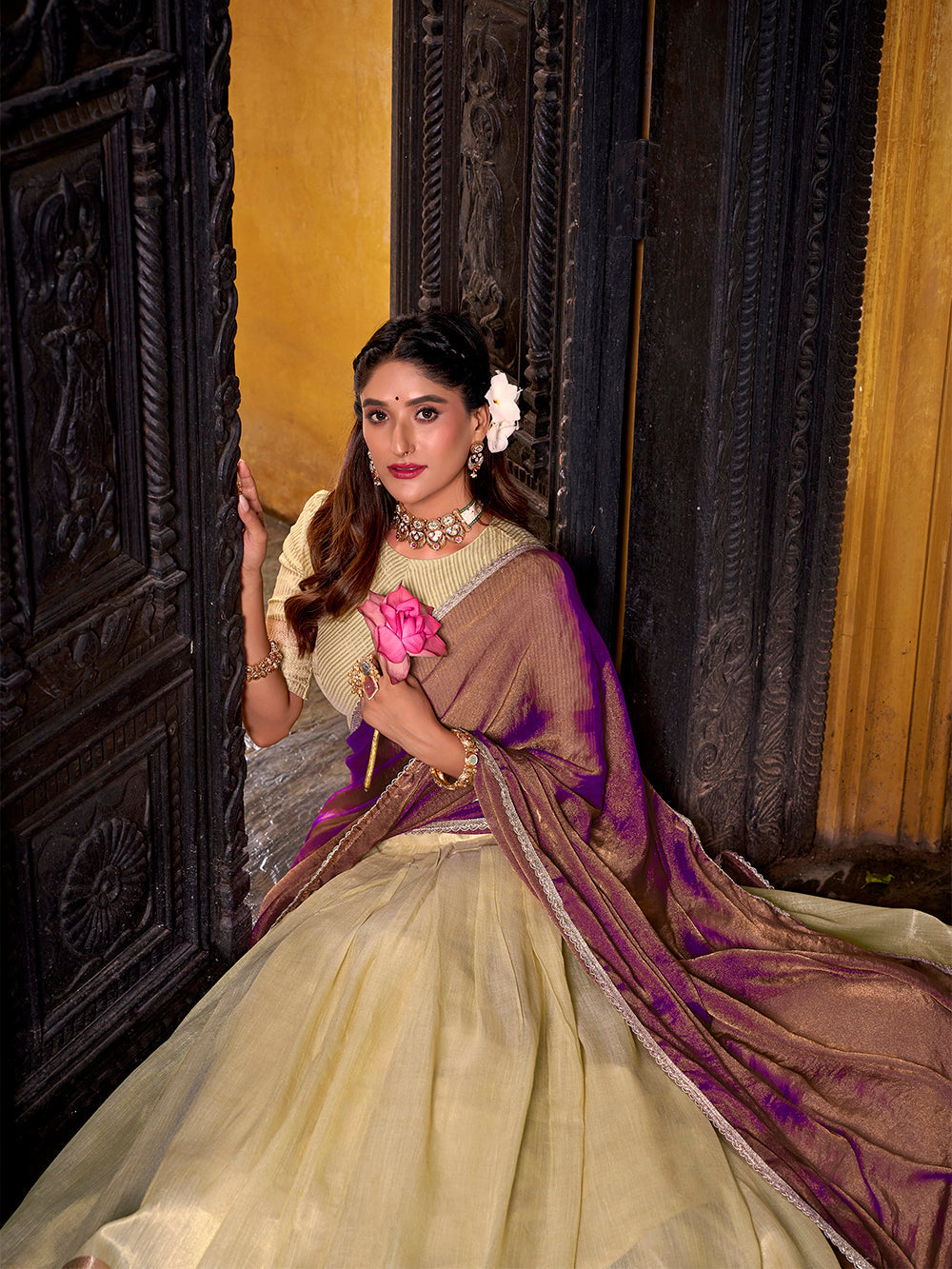 Yellow dupion silk lehenga choli with zari weaving border shimmer lace dupatta
