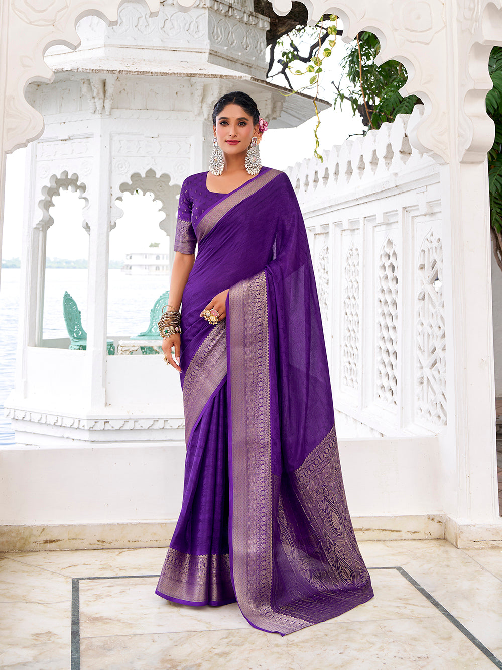 Purple self printed chinon saree with zari weaving unstitched blouse