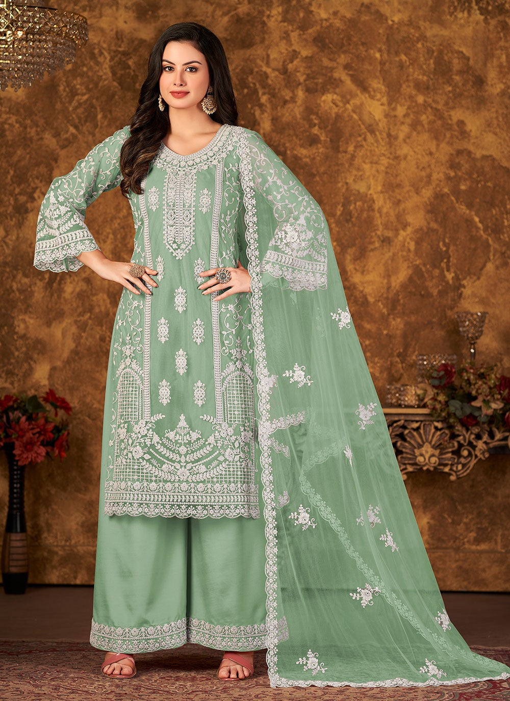 Trendy green net embroidered palazzo style suit for women