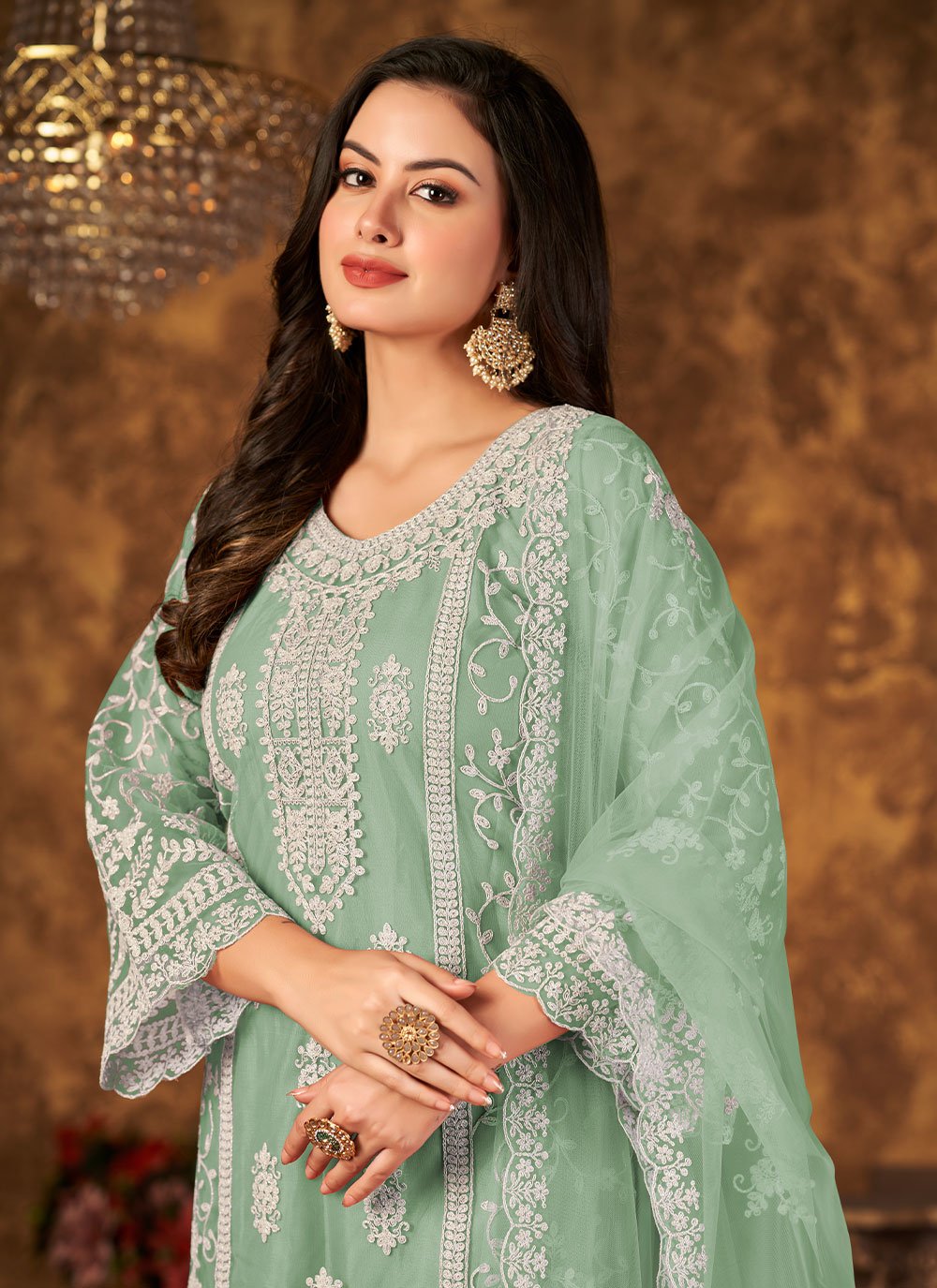 Trendy green net embroidered palazzo style suit for women