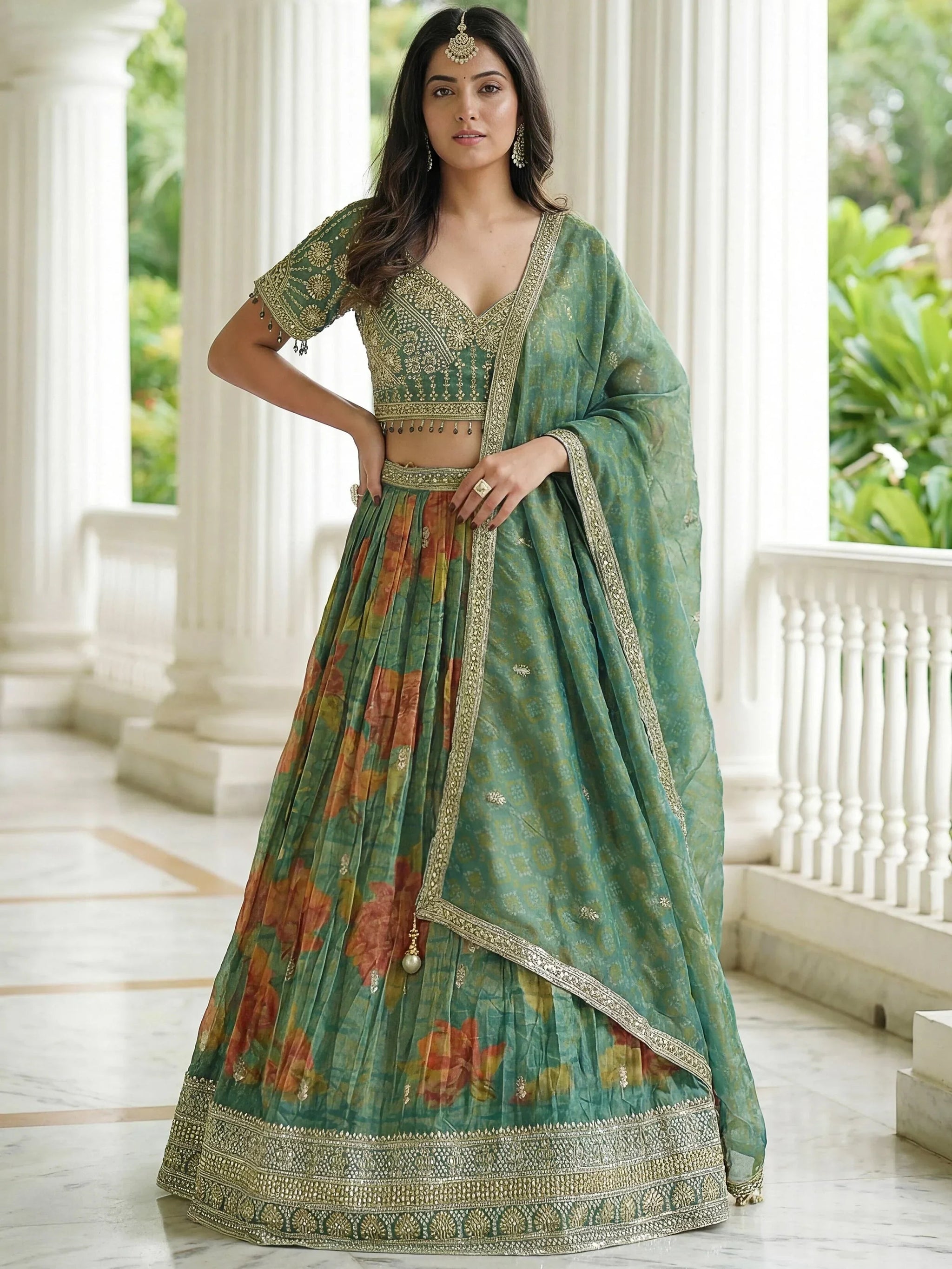 Trendy Green Sequins Work Kanjivaram Wedding Wear Lehenga With Dupatta