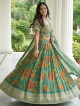 Trendy Green Sequins Work Kanjivaram Wedding Wear Lehenga With Dupatta