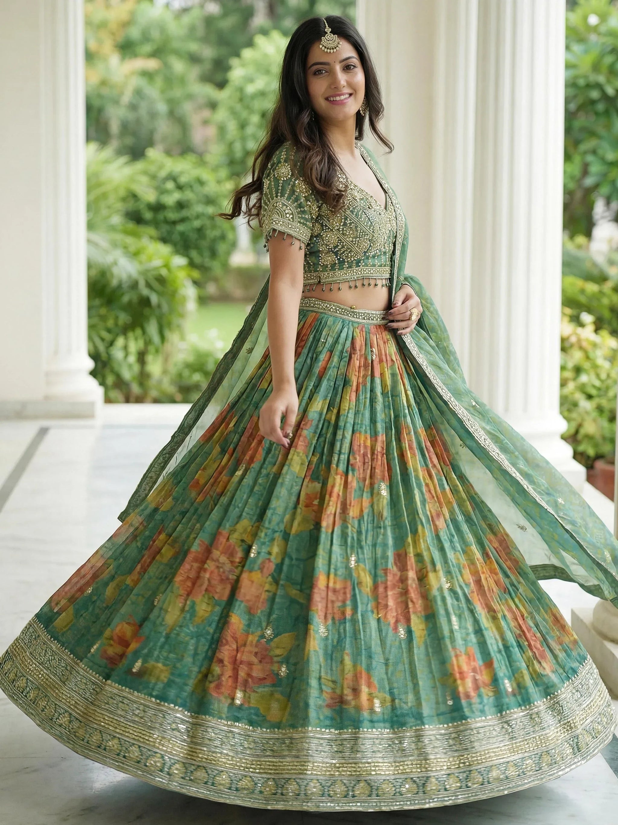 Trendy Green Sequins Work Kanjivaram Wedding Wear Lehenga With Dupatta