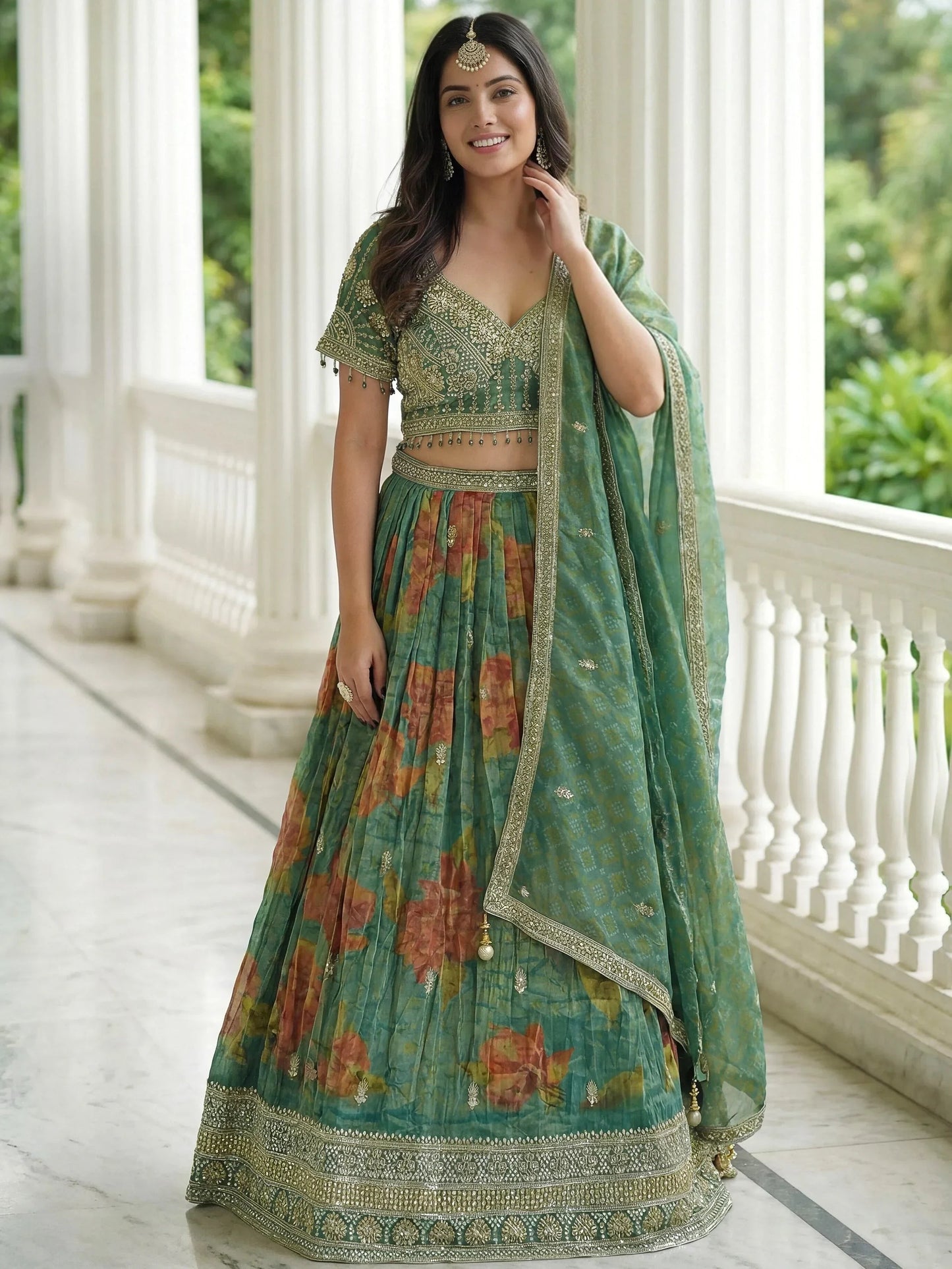 Trendy Green Sequins Work Kanjivaram Wedding Wear Lehenga With Dupatta