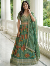 Trendy Green Sequins Work Kanjivaram Wedding Wear Lehenga With Dupatta