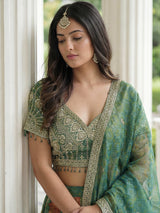 Trendy Green Sequins Work Kanjivaram Wedding Wear Lehenga With Dupatta