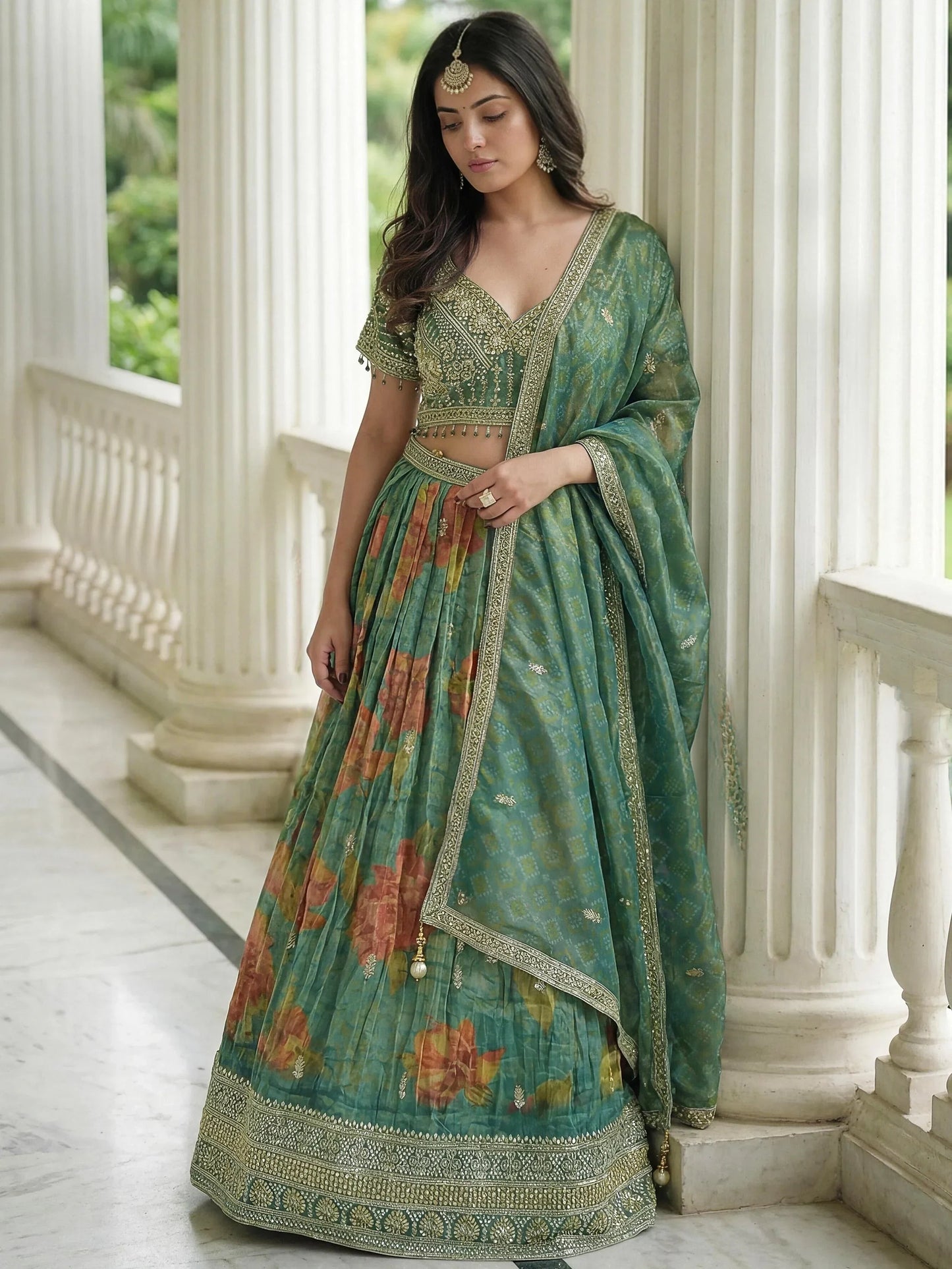 Trendy Green Sequins Work Kanjivaram Wedding Wear Lehenga With Dupatta