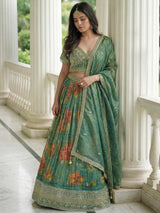Trendy Green Sequins Work Kanjivaram Wedding Wear Lehenga With Dupatta