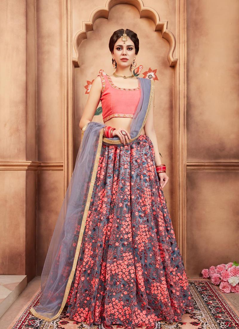 Trendy Grey Color Soft Net Base Designer Party Wear Lehenga Choli