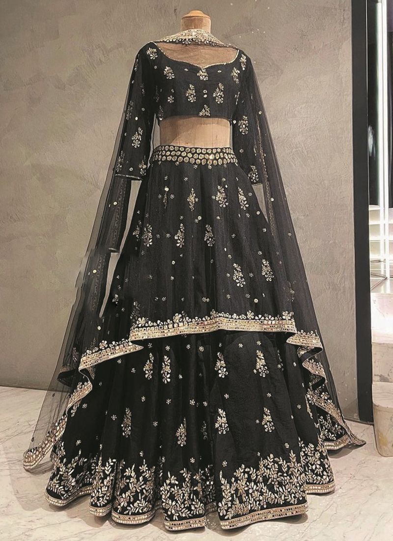 Black colored paper Mirror work Silk Lehenga Choli