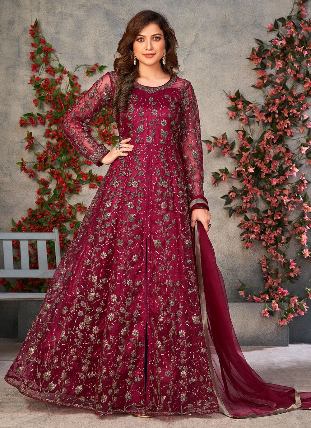 Trendy maroon embroidered slit style anarkali suit in net