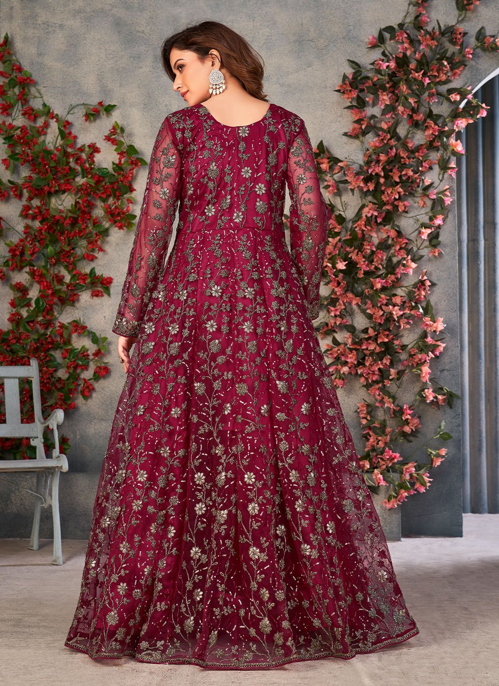 Trendy maroon embroidered slit style anarkali suit in net