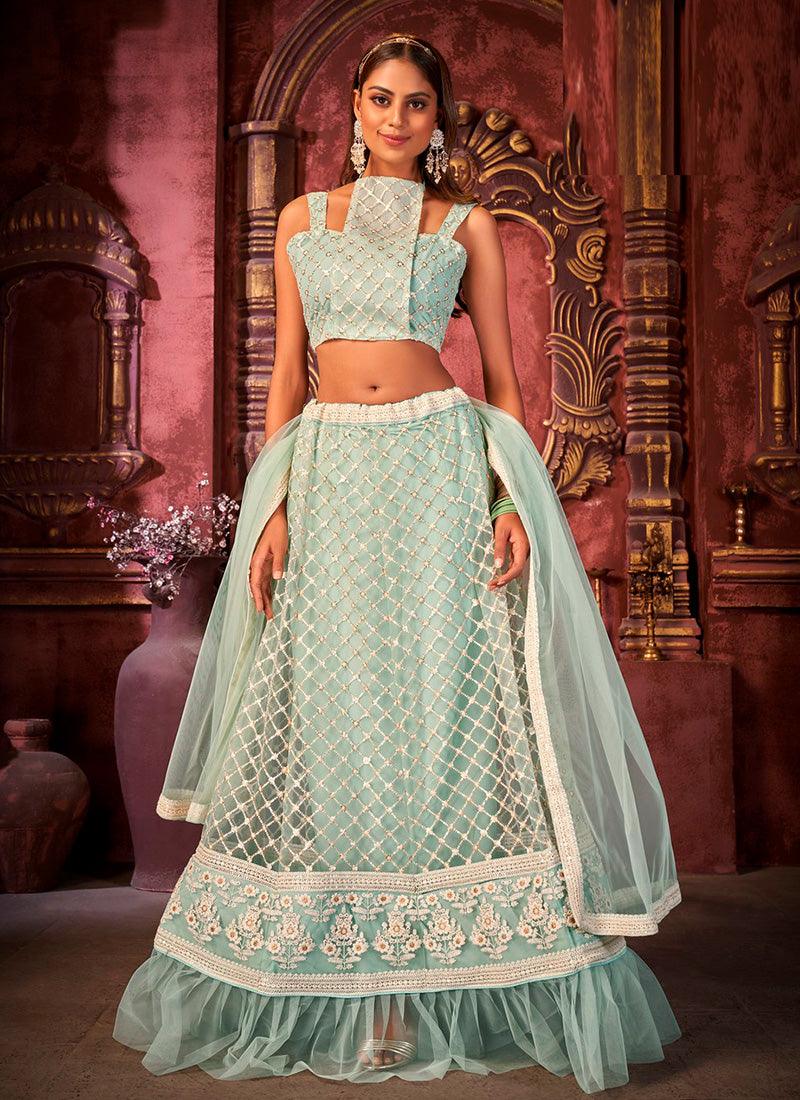 Trendy Net With Designer Work Italian Sky Blue Color Lehenga Choli