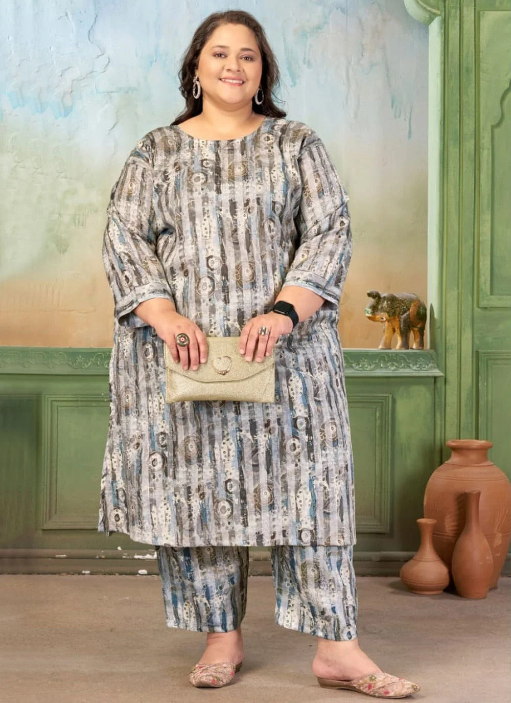 Trendy plus size ethnic co ord set for women in riyon slub print