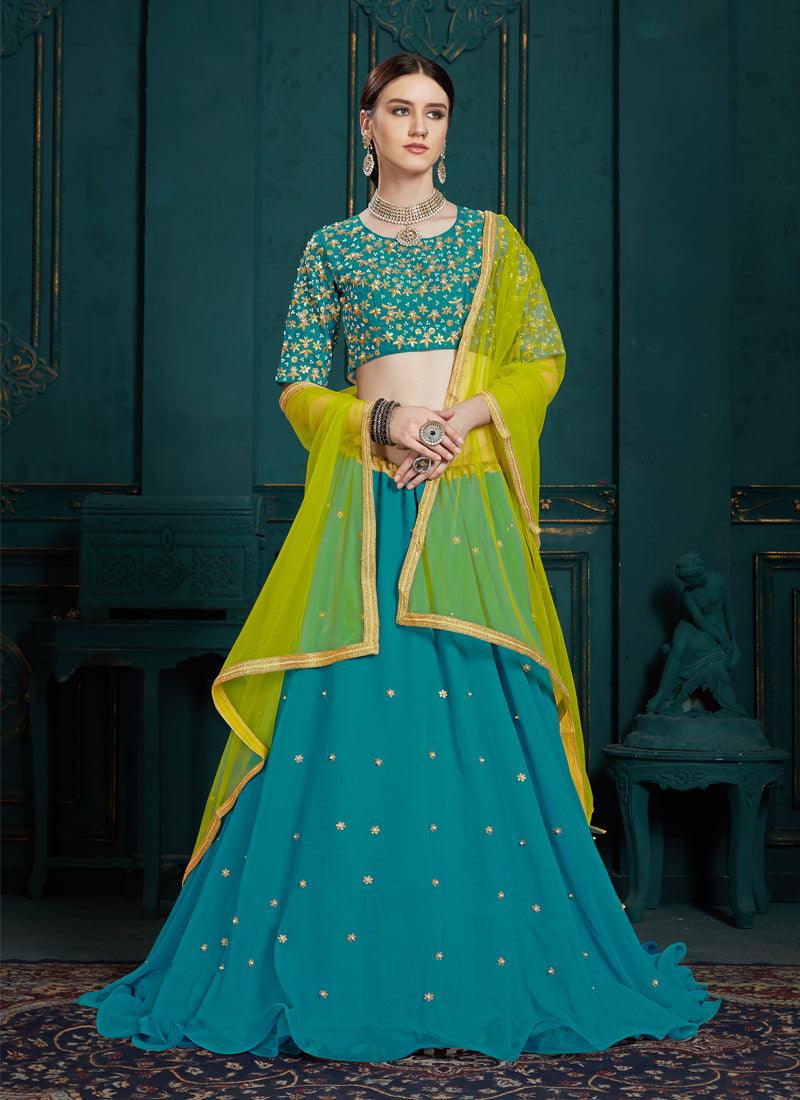 Turquoise Blue Color Georgette Base Designer Party Wear Lehenga Choli