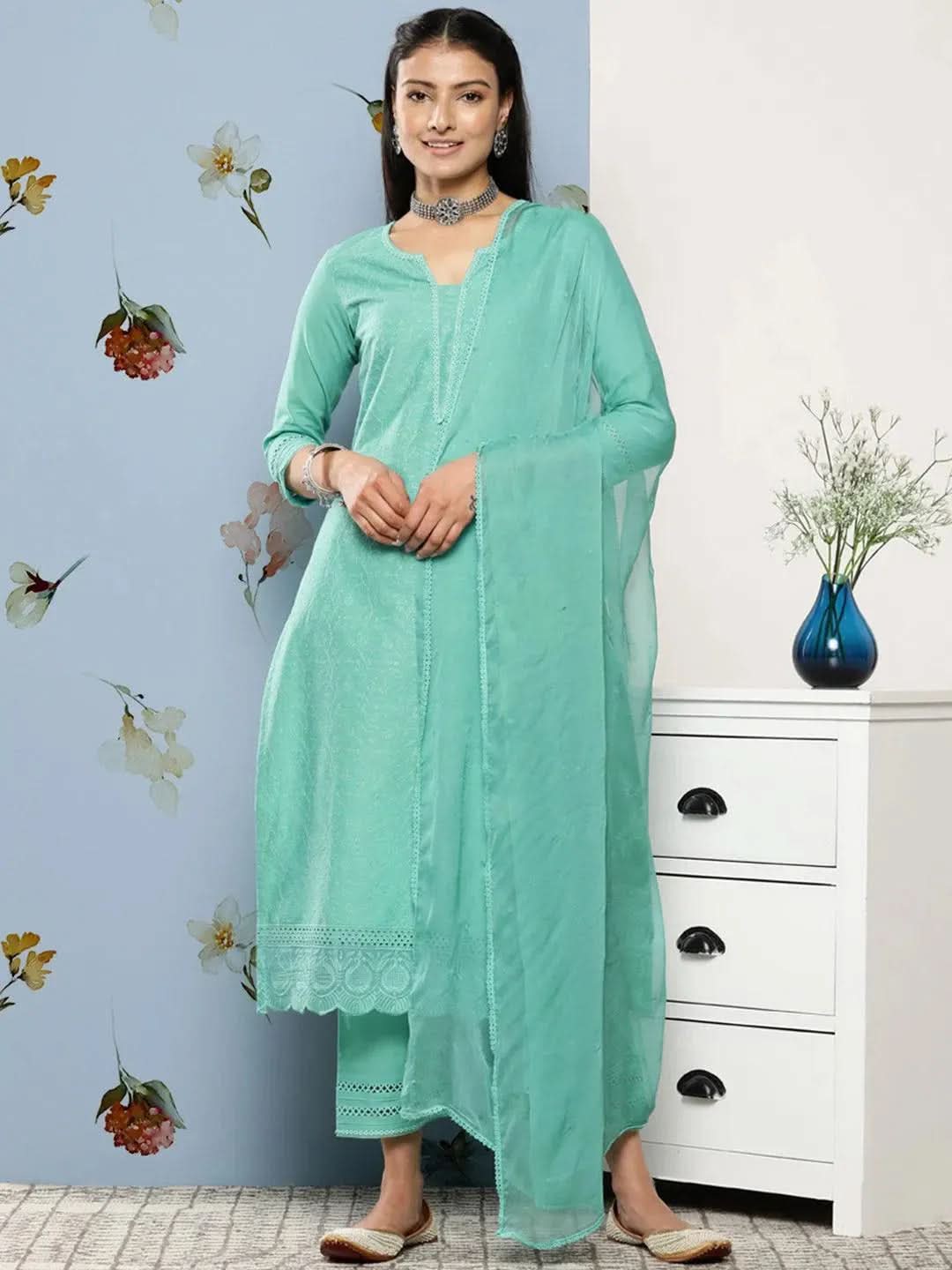 Mameraa Turquoise Blue Embroidered Cotton Straight Kurta With Trousers & Dupatta