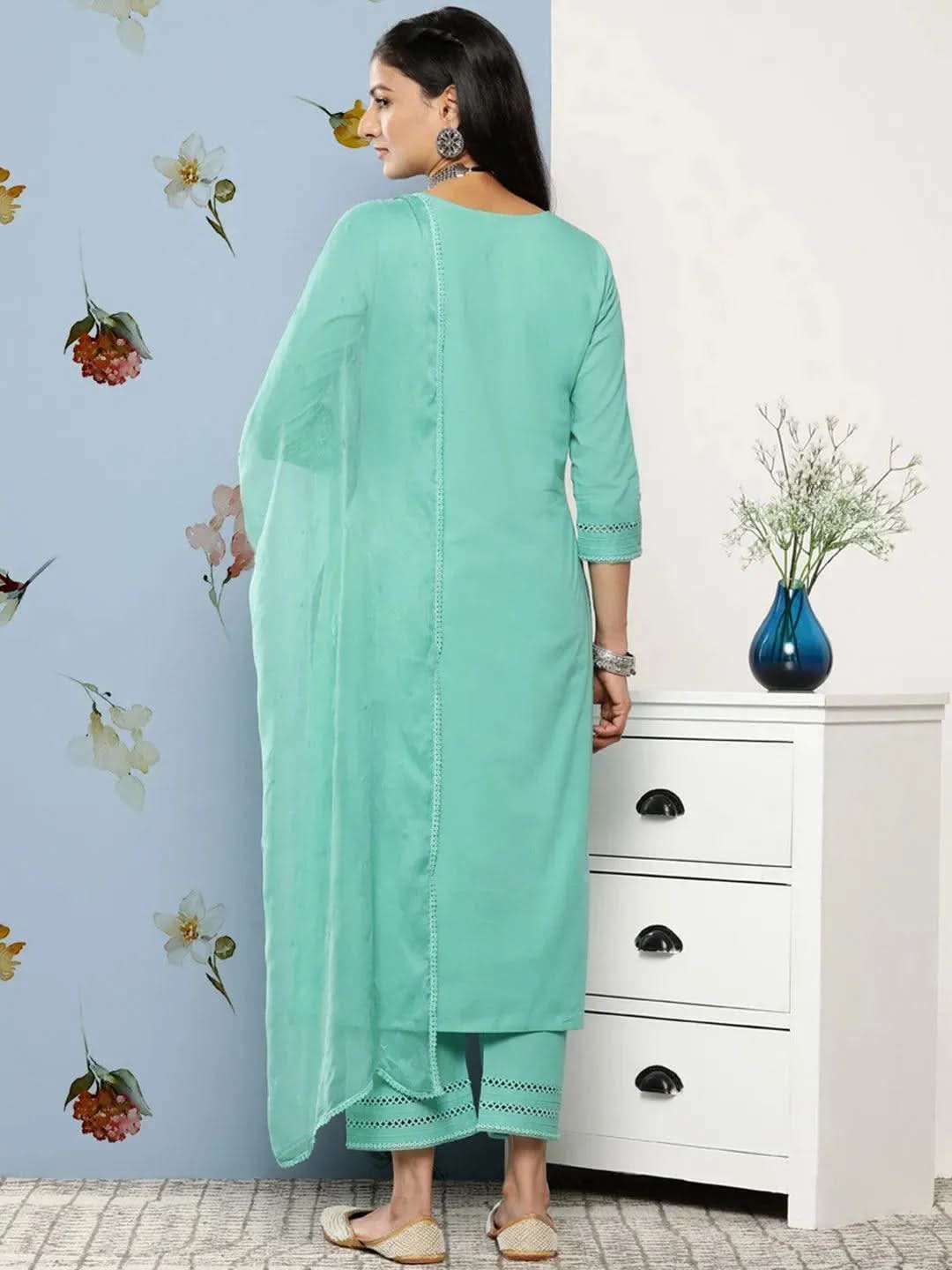 Mameraa Turquoise Blue Embroidered Cotton Straight Kurta With Trousers & Dupatta