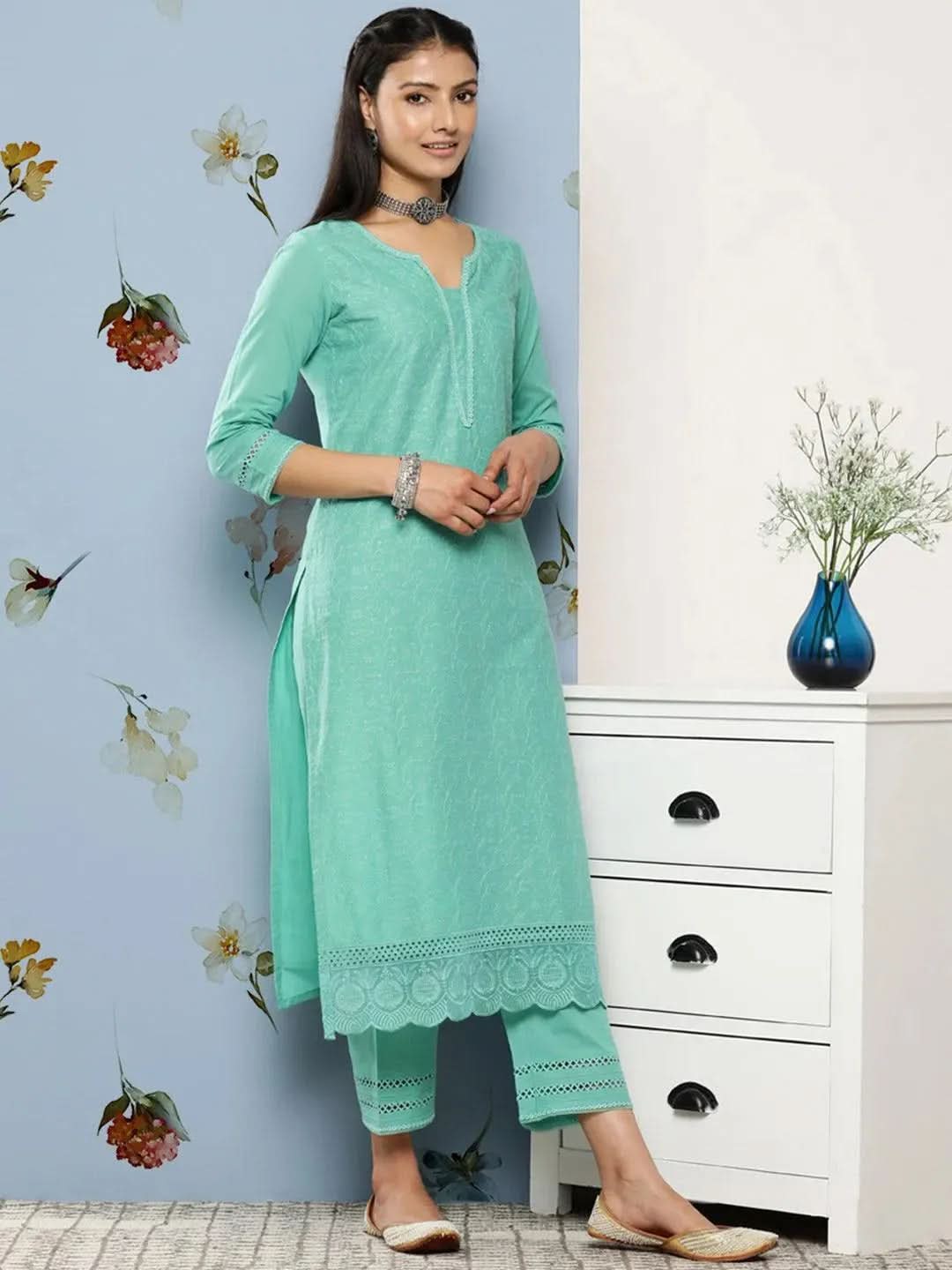 Mameraa Turquoise Blue Embroidered Cotton Straight Kurta With Trousers & Dupatta