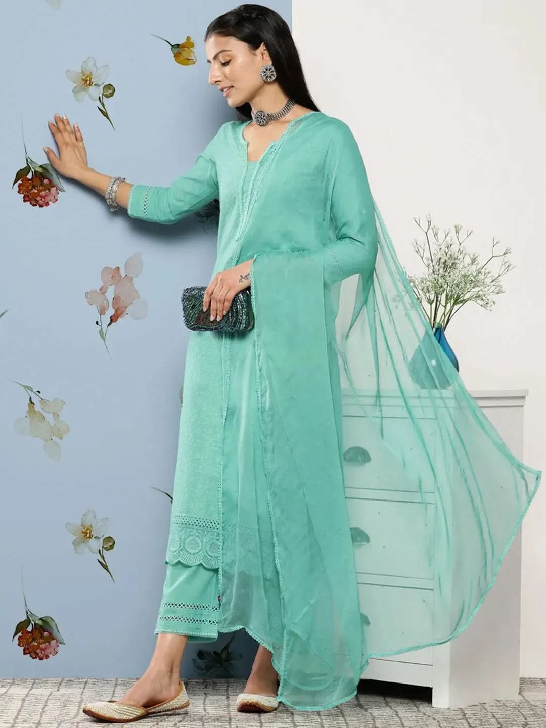 Mameraa Turquoise Blue Embroidered Cotton Straight Kurta With Trousers & Dupatta