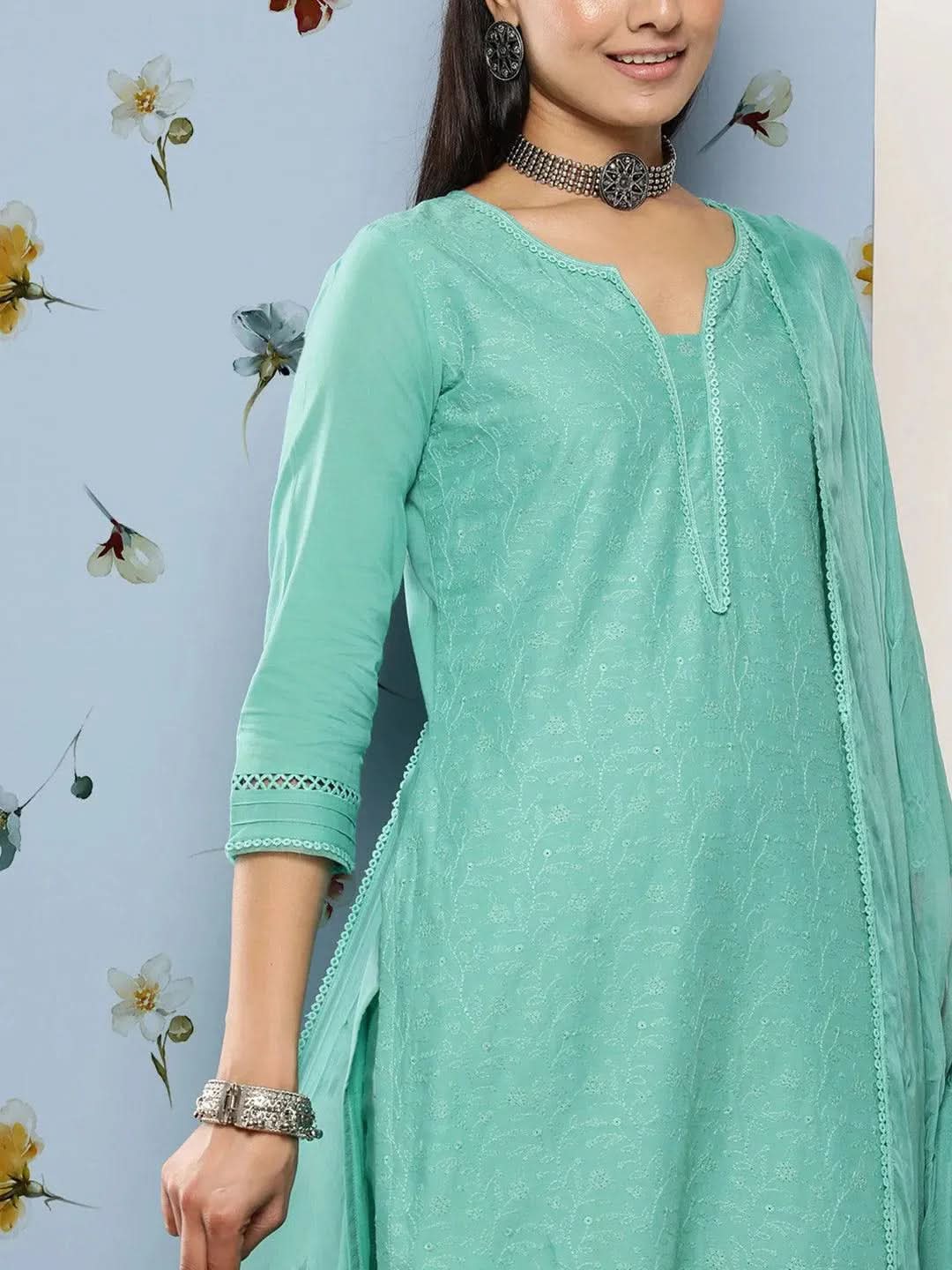 Mameraa Turquoise Blue Embroidered Cotton Straight Kurta With Trousers & Dupatta
