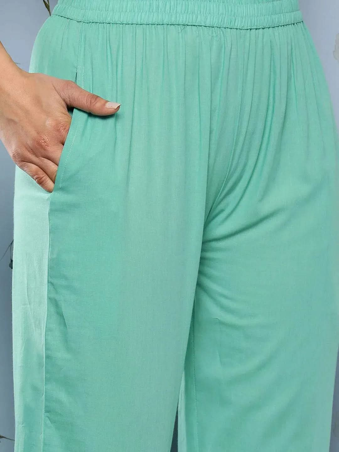 Mameraa Turquoise Blue Embroidered Cotton Straight Kurta With Trousers & Dupatta