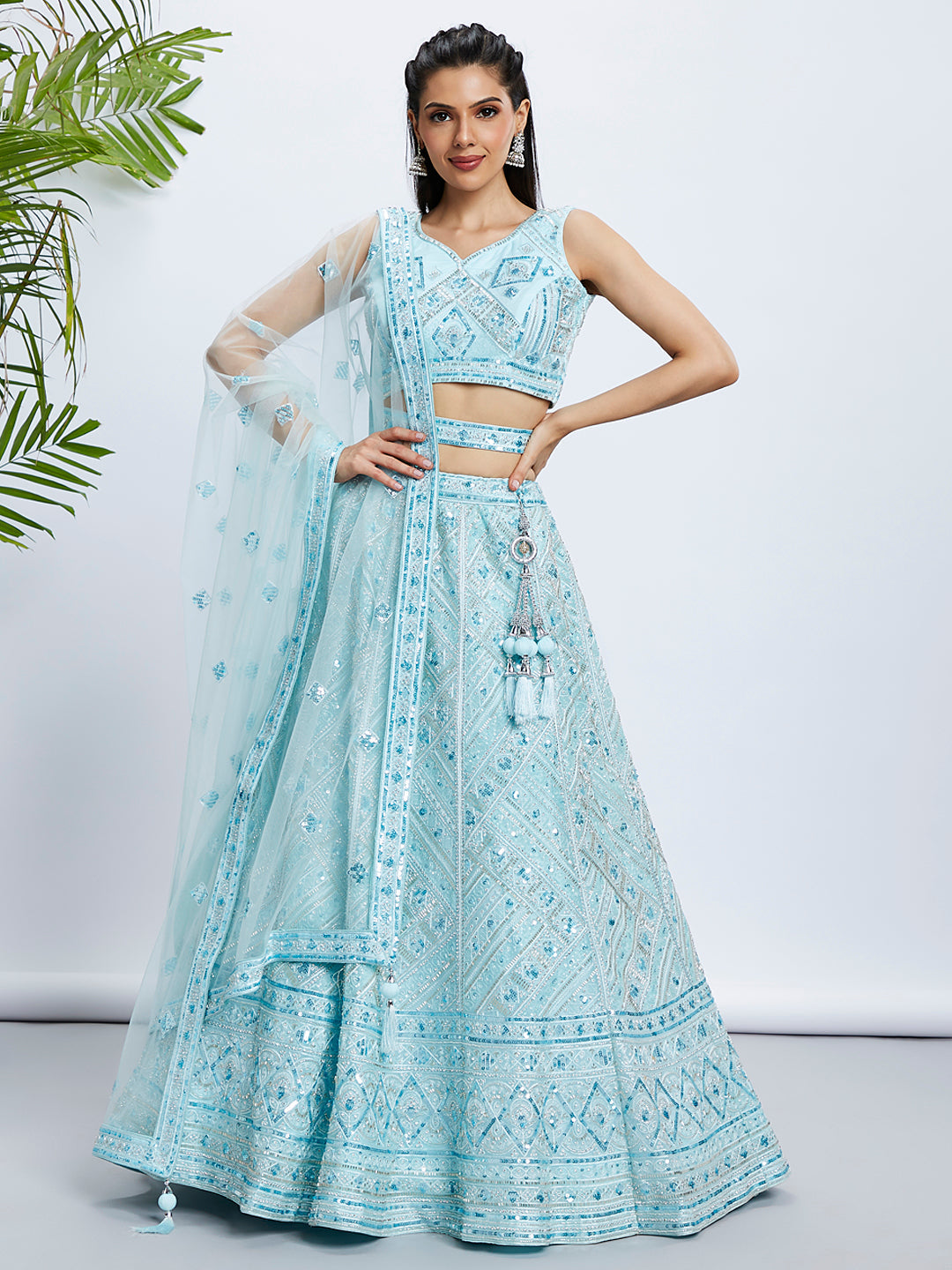 Turquoise Blue Embroidered Net Lehenga Choli Set with Cutdana, Zardosi & Sequins