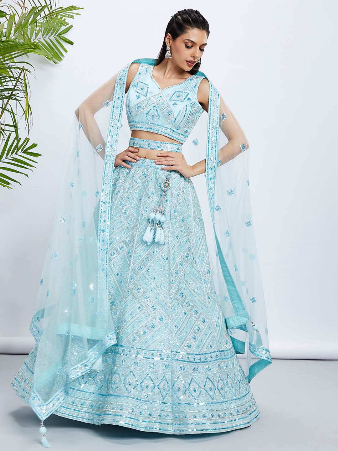 Turquoise Blue Embroidered Net Lehenga Choli Set with Cutdana, Zardosi & Sequins