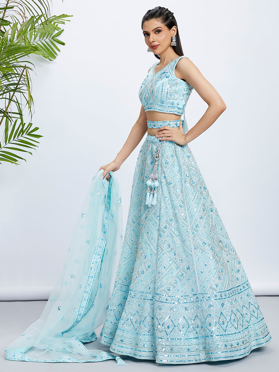 Turquoise Blue Embroidered Net Lehenga Choli Set with Cutdana, Zardosi & Sequins