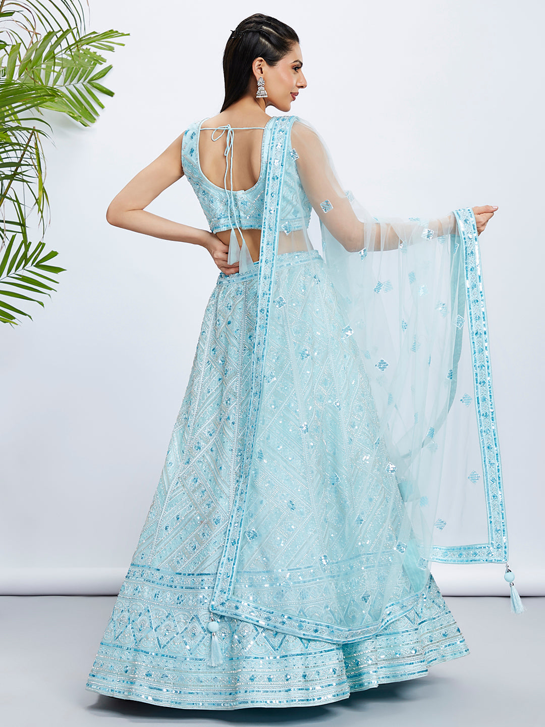 Turquoise Blue Embroidered Net Lehenga Choli Set with Cutdana, Zardosi & Sequins