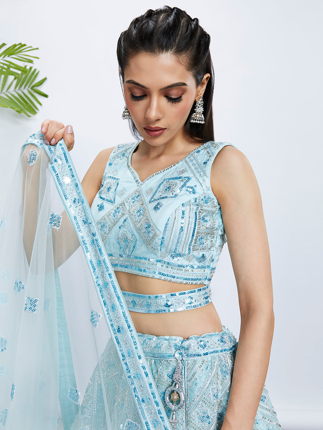 Turquoise Blue Embroidered Net Lehenga Choli Set with Cutdana, Zardosi & Sequins