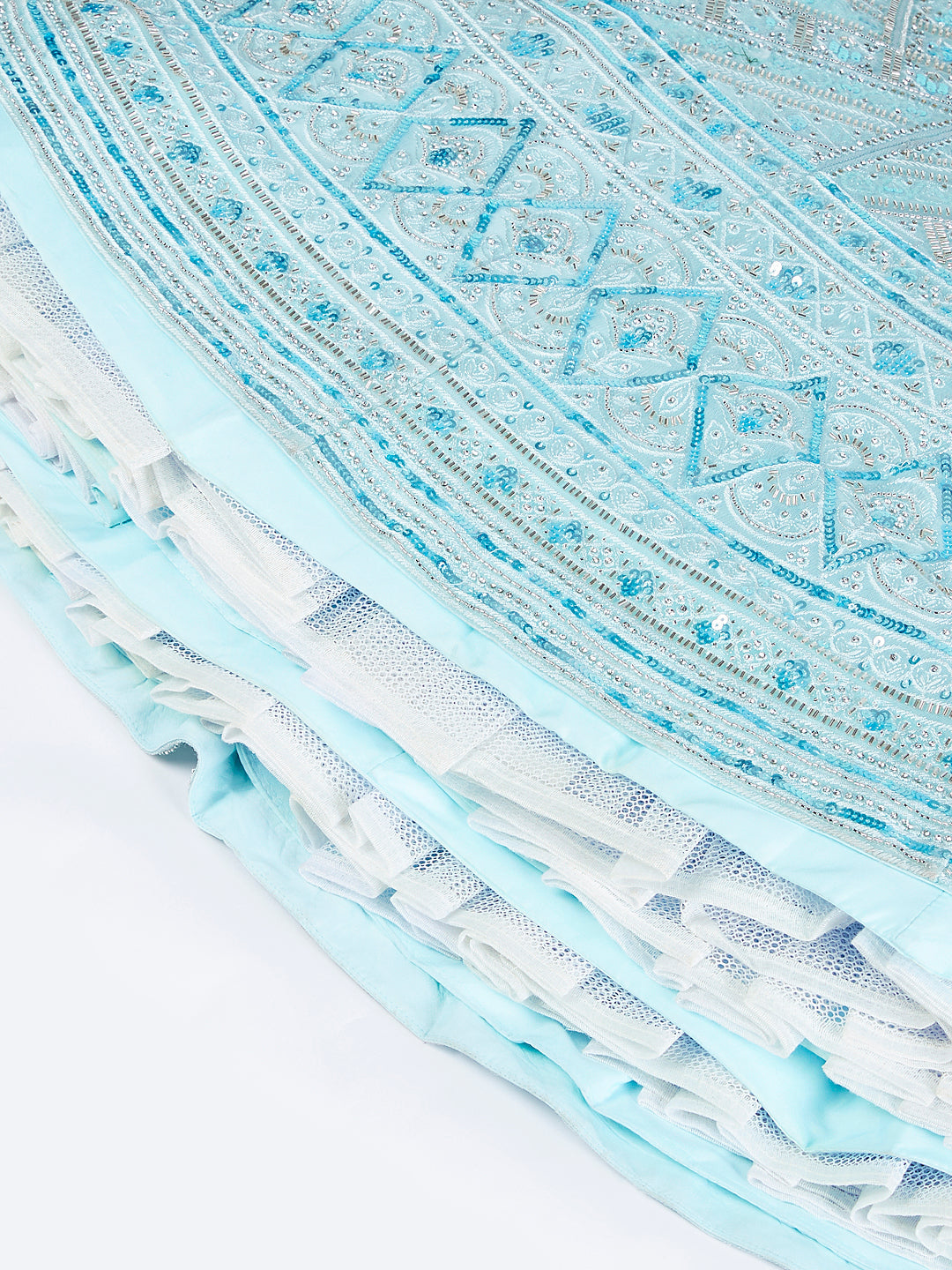 Turquoise Blue Embroidered Net Lehenga Choli Set with Cutdana, Zardosi & Sequins