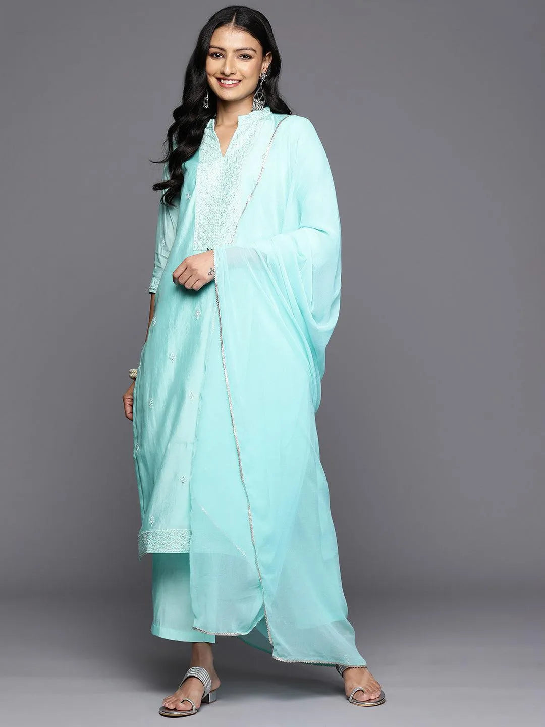 Mameraa Turquoise Blue Embroidered Silk Blend Straight Kurta With Trousers & Dupatta